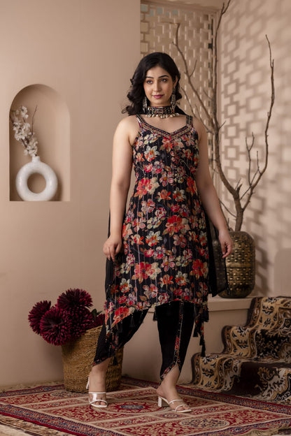 BLACK STRAP KURTI WITH DHOTI AND DUPATTA