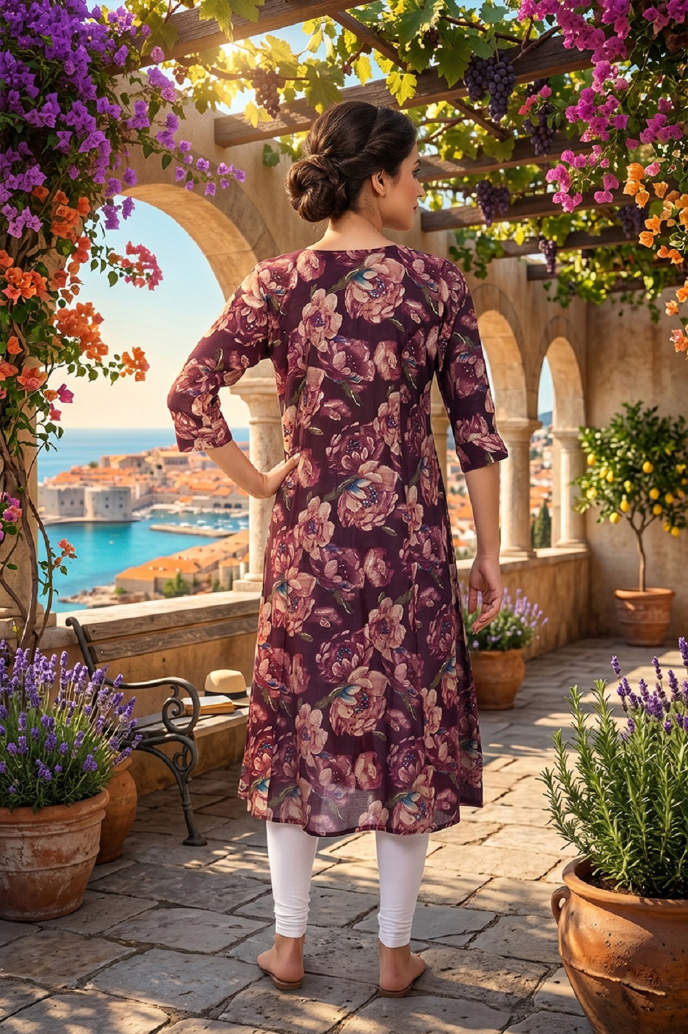 Wine Rayon A-Line Printed Kurti
