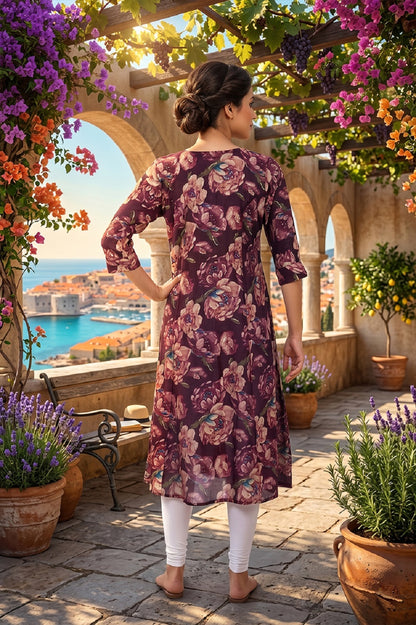 Wine Rayon A-Line Printed Kurti
