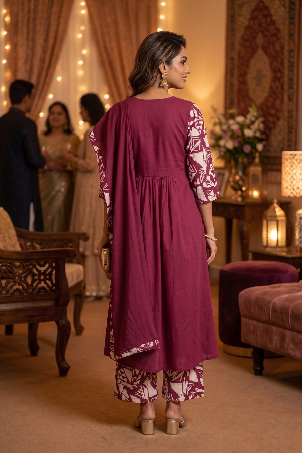 Wine Cotton Kurti Straight Plazo 3 Pieces Set