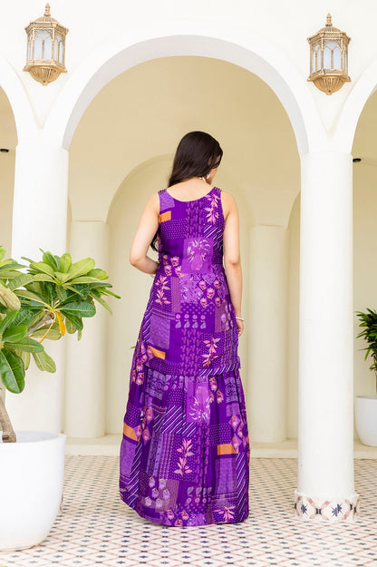Purple Chinon Skirt Kurti 3 Pieces Set