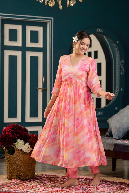 Pink Aliya Cut Kurti Pant Dupatta