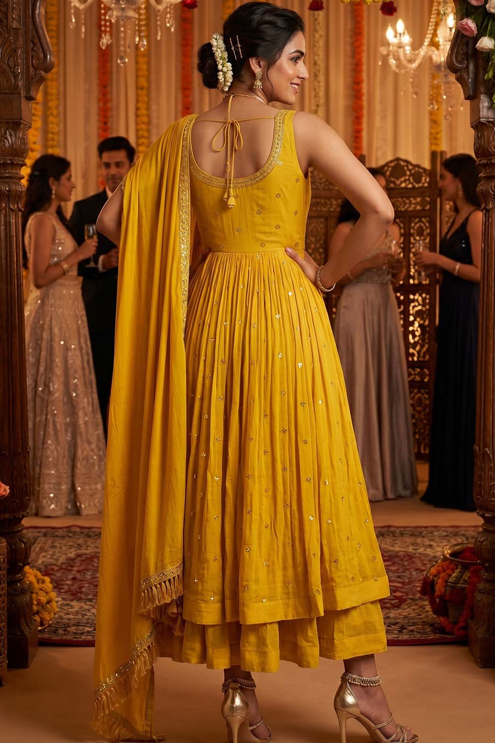 Mustard Chinon Kurti Open Skirt