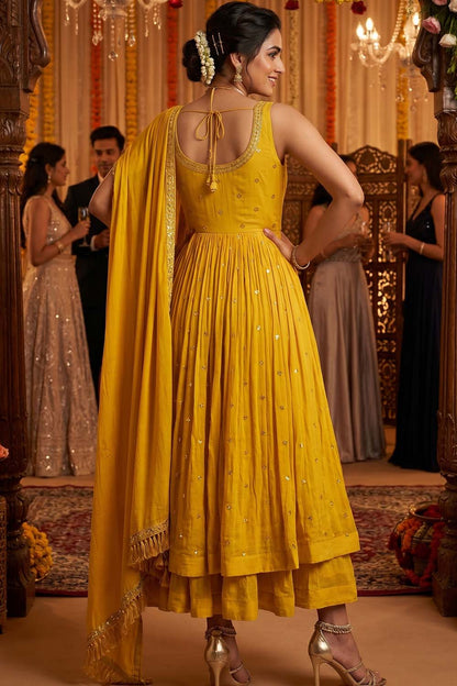 Mustard Chinon Kurti Open Skirt