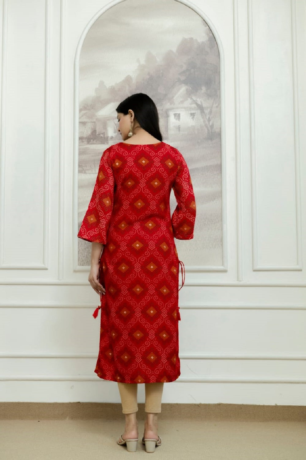 Red Rayon Handwork Straight Cut Kurti