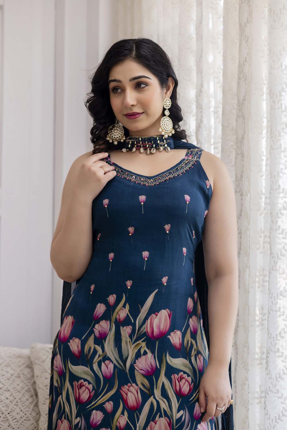 PEACOCK BLUE STRAP KURTI WITH DHOTI AND DUPATTA