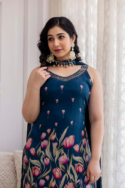 Peacock Blue Strap Kurti With Dhoti And Dupatta