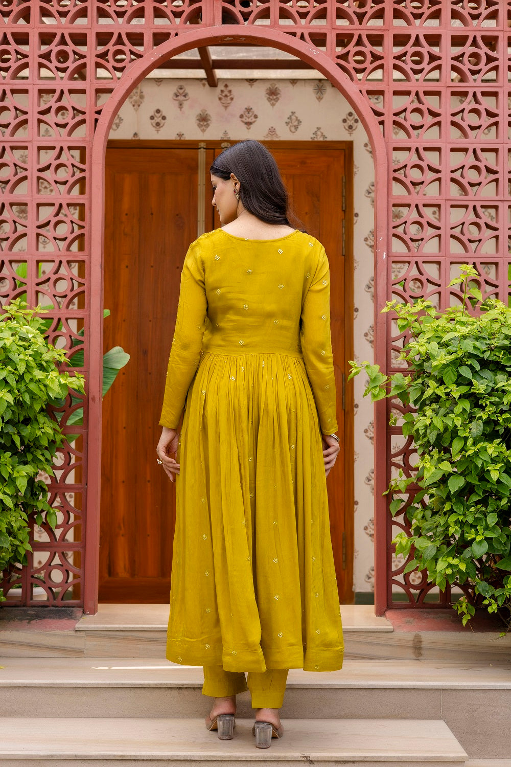 M Green Chinon Frock Kurti 3 Pieces Set