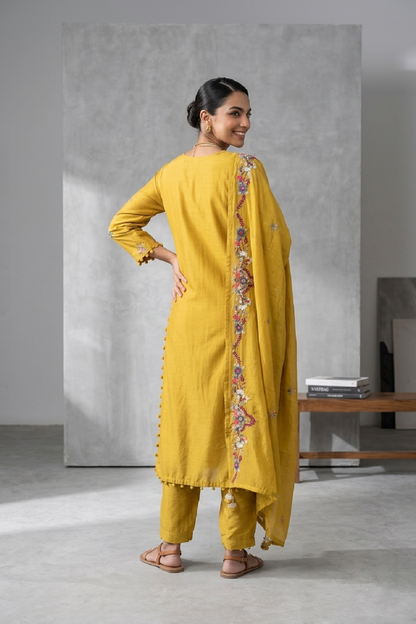 Mahendi Green Silk Embroidered Kurti 3 Pieces Set