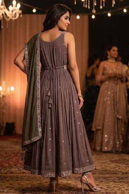 Metal Green Chinon Kurti Open Skirt