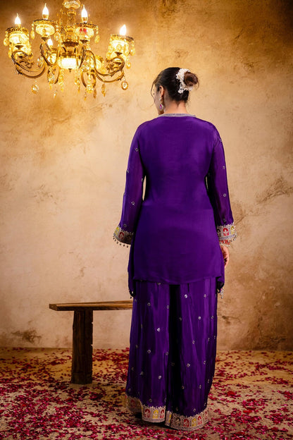 Violet Chinon Kurti Plazo 3 Pieces Set