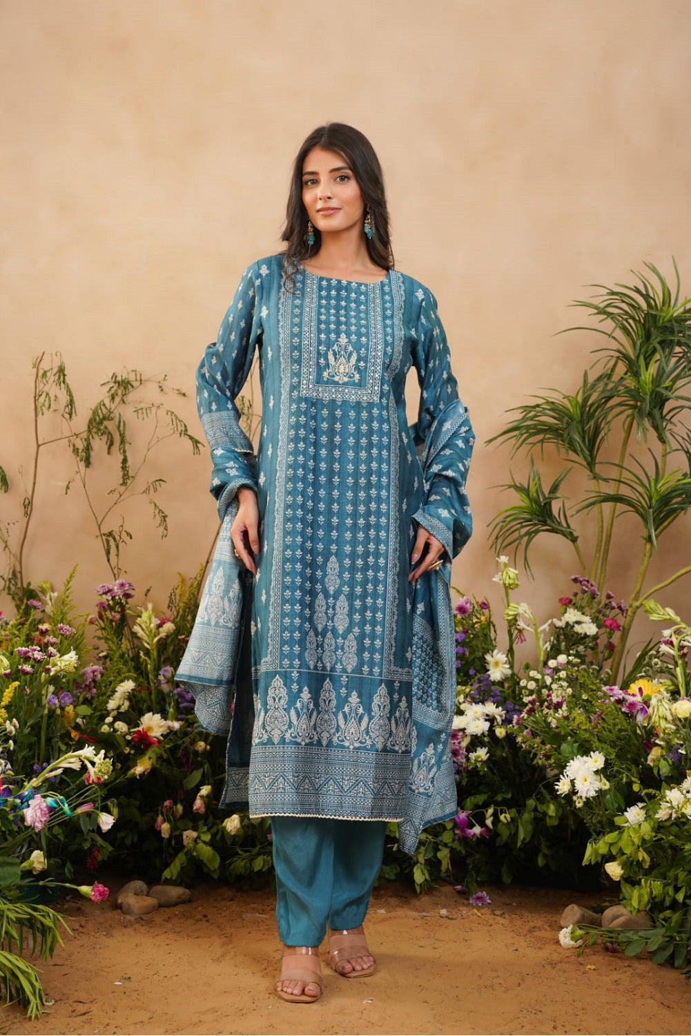 Teal Blue Silk Kurti 3 Pieces Set