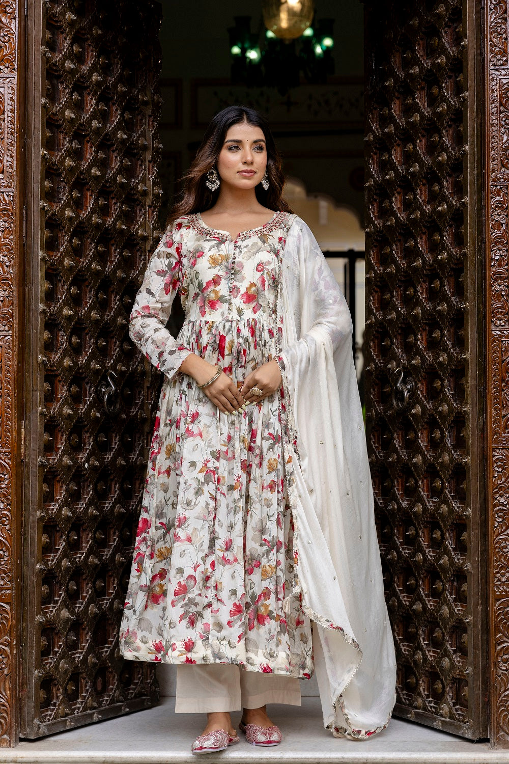 Cream Chinon Frock Kurti 3 Pieces Set