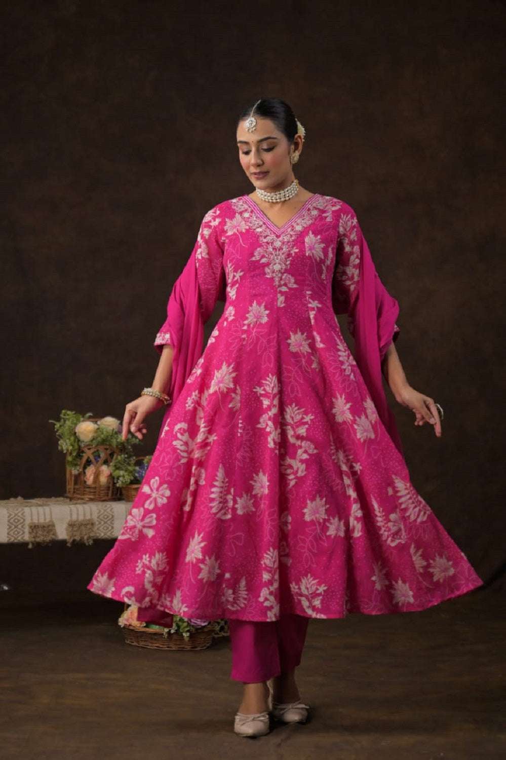 Rose Cotton Frock Kurti 3 Pieces Set