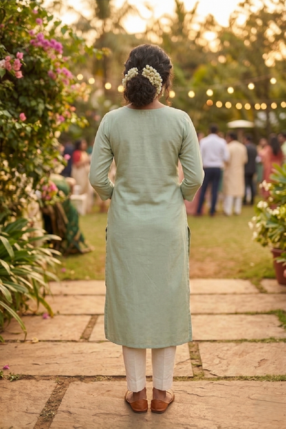 Pista Green Cotton Aari Work Straight Kurti