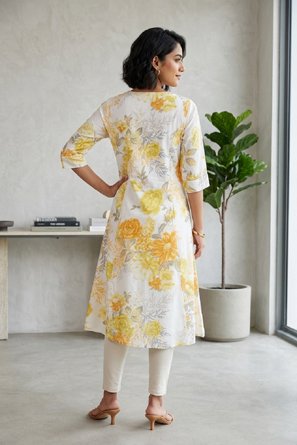 Yellow Rayon Printed Aline Kurti