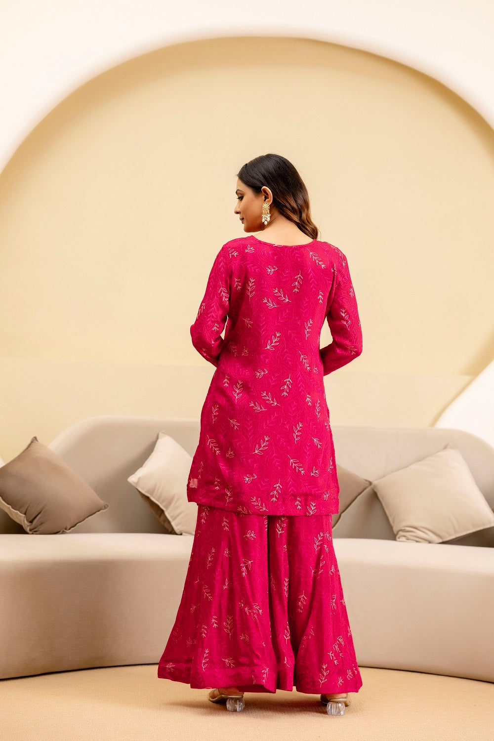 Dark Pink Chinon Short Kurti 3 Pieces Set