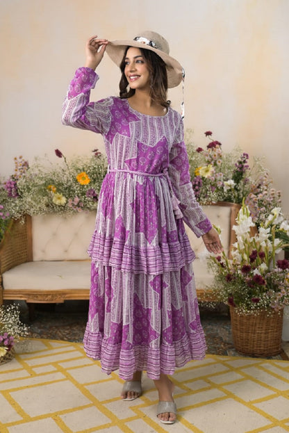 Lavender Cotton Printed Frock Kurti