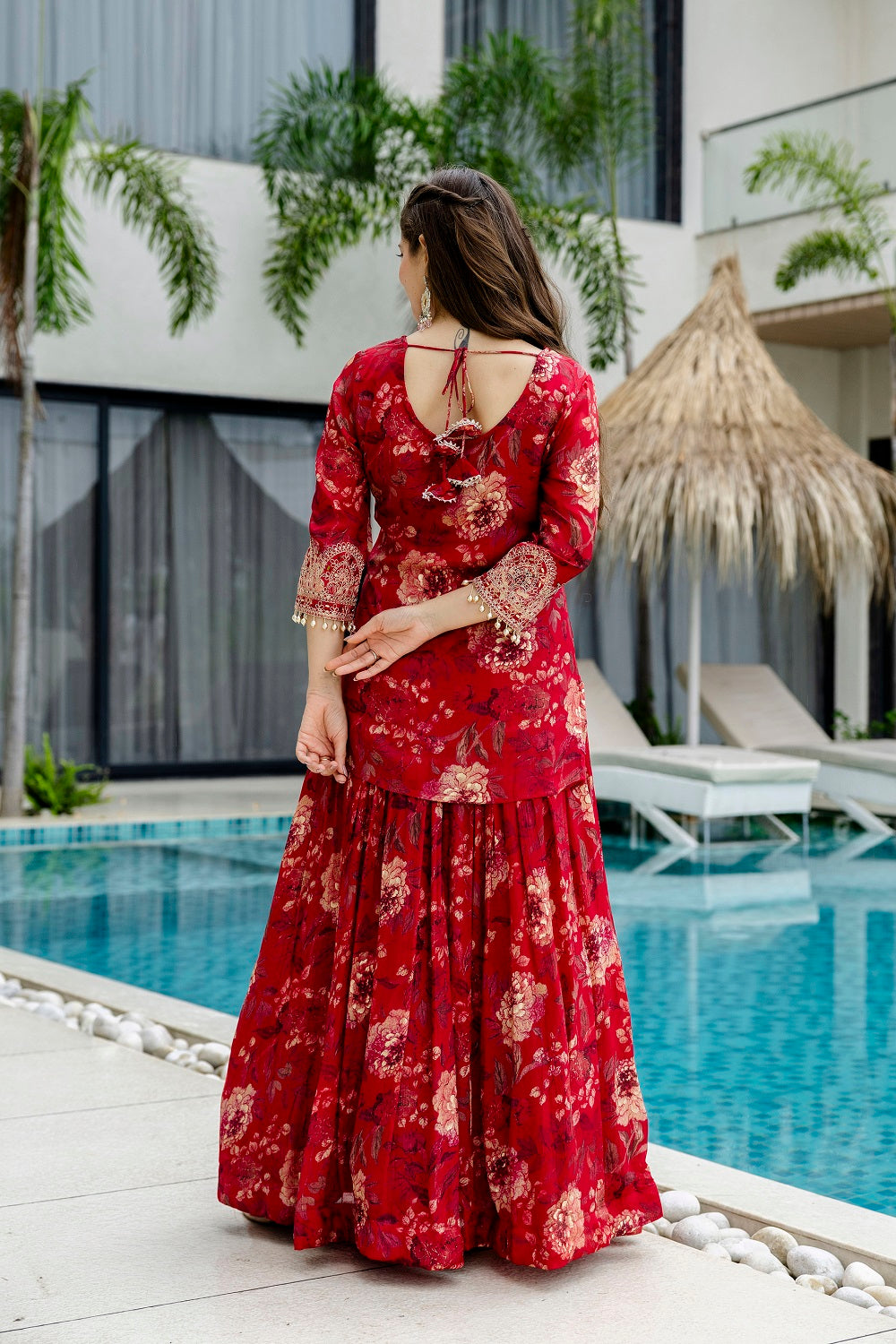 Red Chinon Kurti Skirt 3 Pieces Set