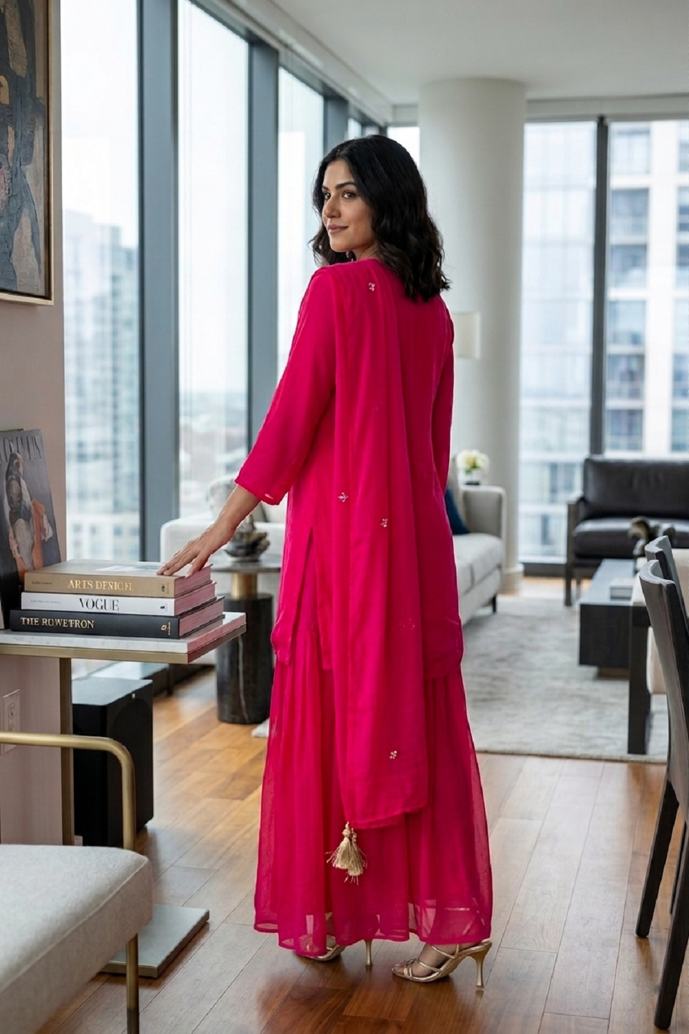 Rani Pink Chinon Garara Kurti 3 Pieces Set