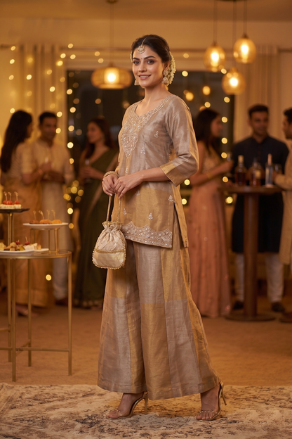 Gold Tissue Kurti Garara 3 Pieces Set