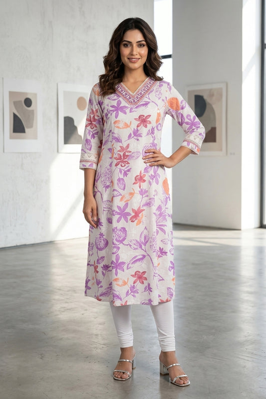 Purple Cotton A-line Kurti