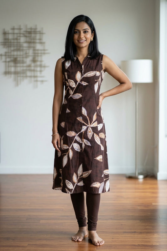 Coffee Printed Rayon A-Line Kurti