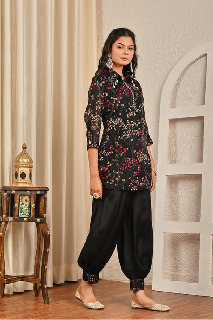 Black Printed Chinon Kurti 2 Pieces Set