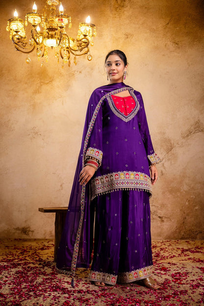 Violet Chinon Kurti Plazo 3 Pieces Set