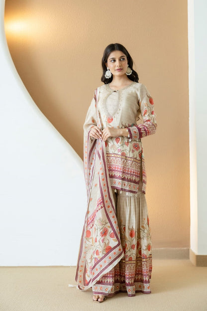 Buff Silk Kurti Sharara 3 Pieces Set