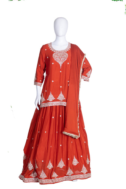 Rust Chinon Kurti With Skirt