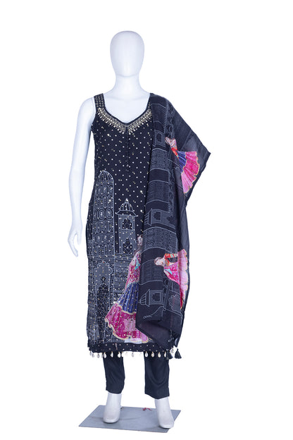 Black Chinon Kurti Pant 3 Pieces Set