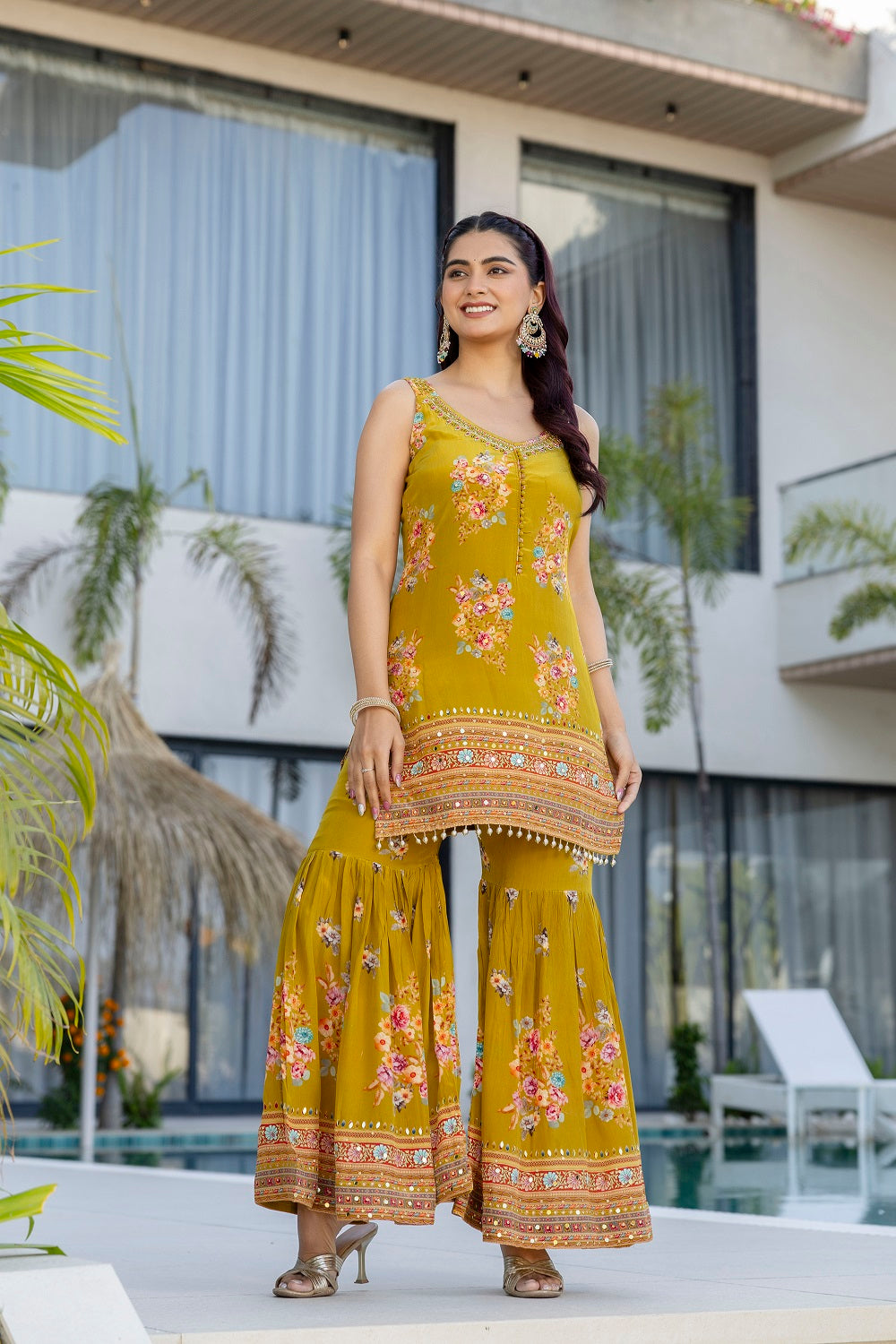 M Green Crepe Sharara Kurti 3 Pieces Set