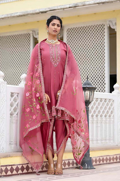 KAIRA PINK POPLON FROCK DHOTI DUPATTA SET