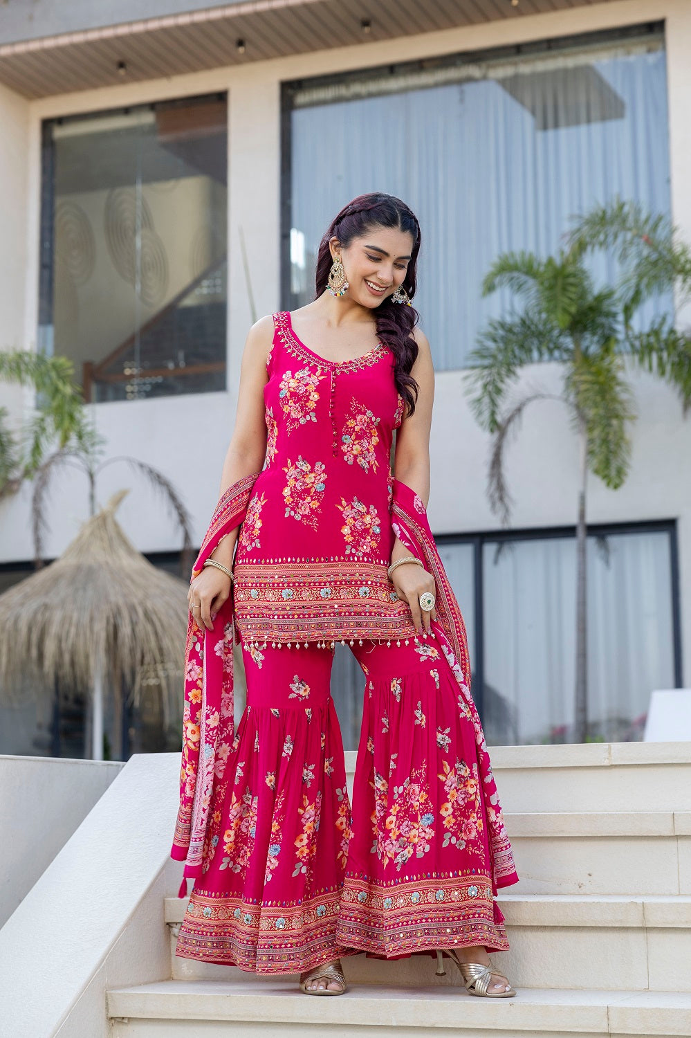 Rani Pink Sharara Kurti 3 Pieces Set
