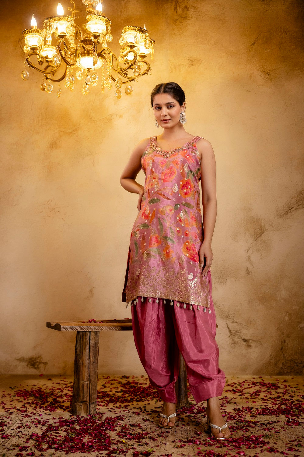 Pink Shimmer Printed Kurti 3 Pieces Set