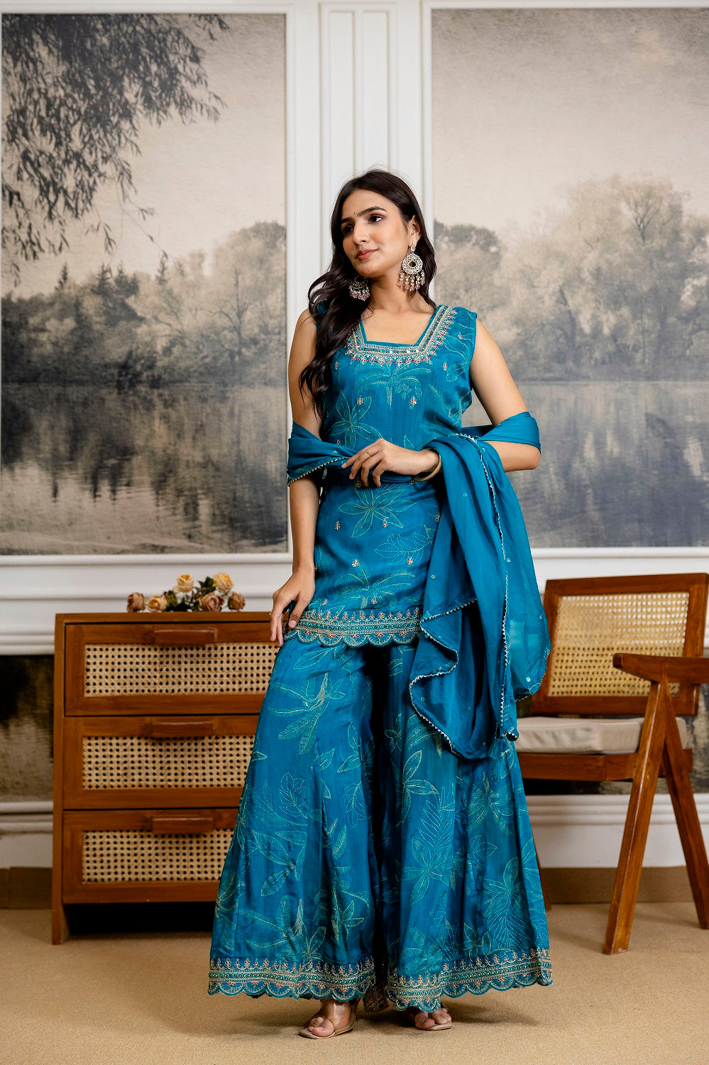 Rama Green Chinon Garara Kurti 3 Pieces Set