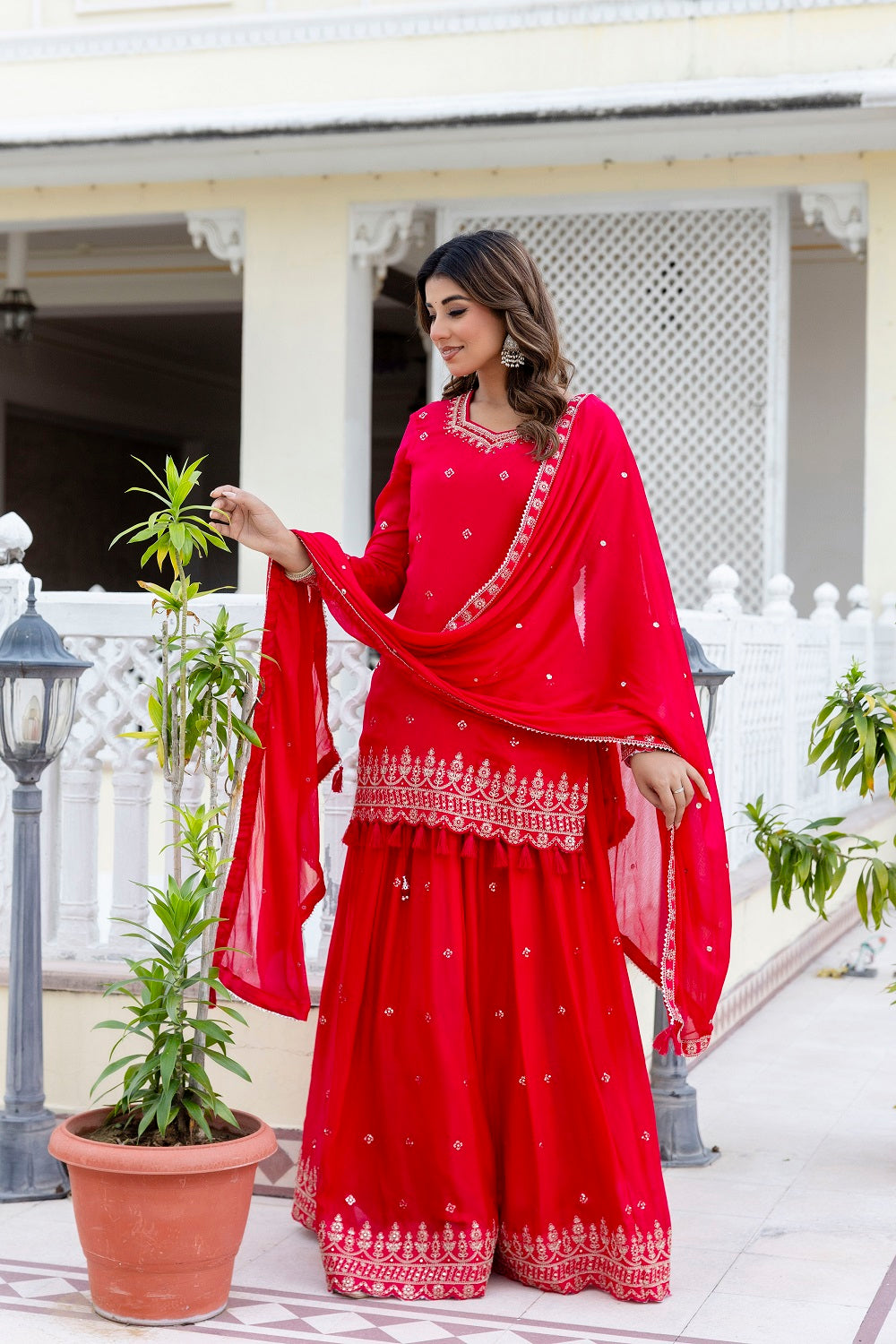 Rani Pink Chinon Skirt Kurti 3 Pieces Set