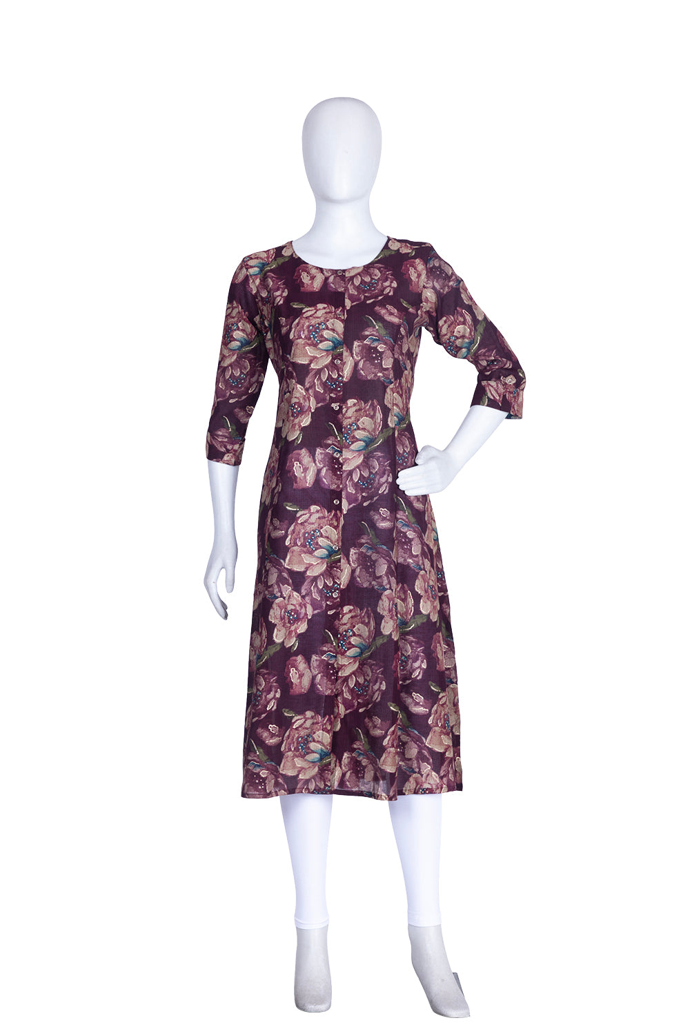 Wine Rayon A-Line Printed Kurti