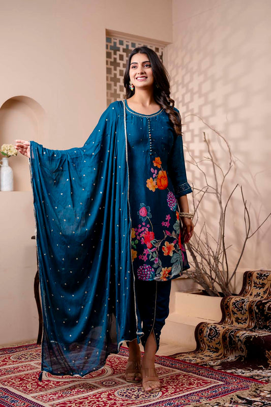 Teal Blue Chinon Kurti 3 Pieces Set