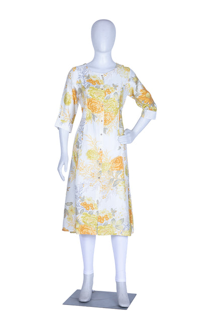 Yellow Rayon Printed Aline Kurti
