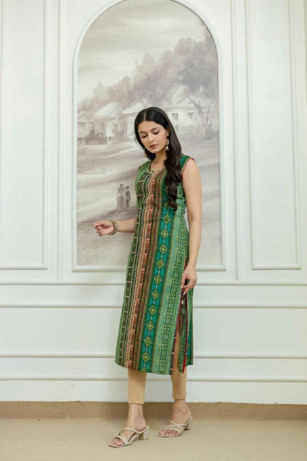 Green Rayon Handwork Straight Cut Kurti