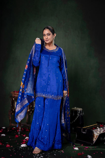 Royal Blue Chinon Garara Kurti 3 Pieces Set