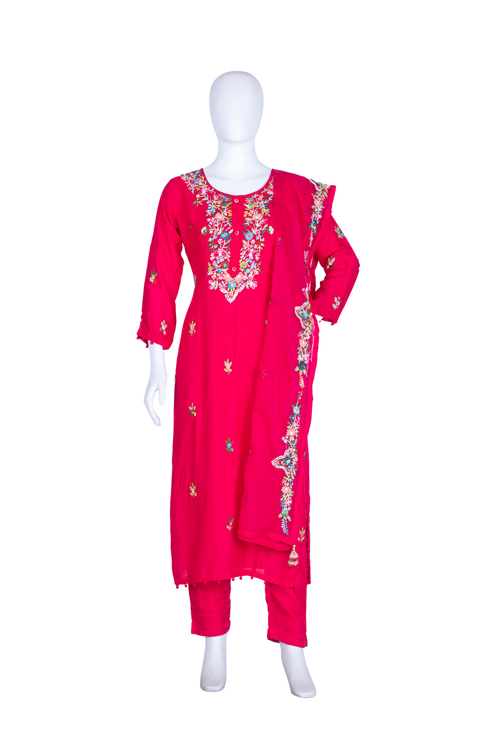 Rani Pink Silk Kurti Pant 3 Pieces Set