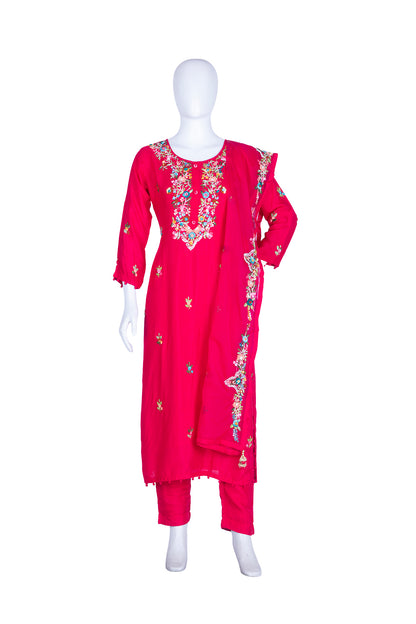 Rani Pink Silk Kurti Pant 3 Pieces Set