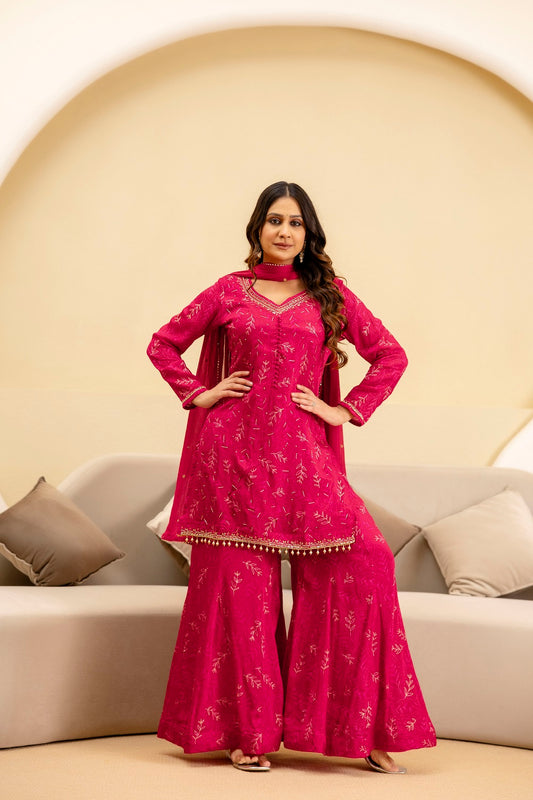 Dark Pink Chinon Short Kurti 3 Pieces Set