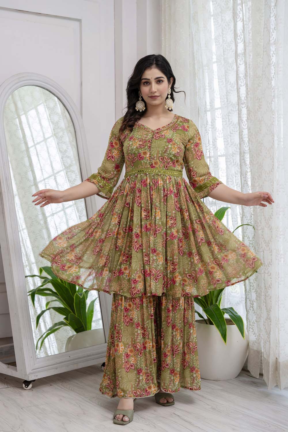 KAIRA MEHANDI GREEN POPLON KURTI PLAZO DUPATTA SET