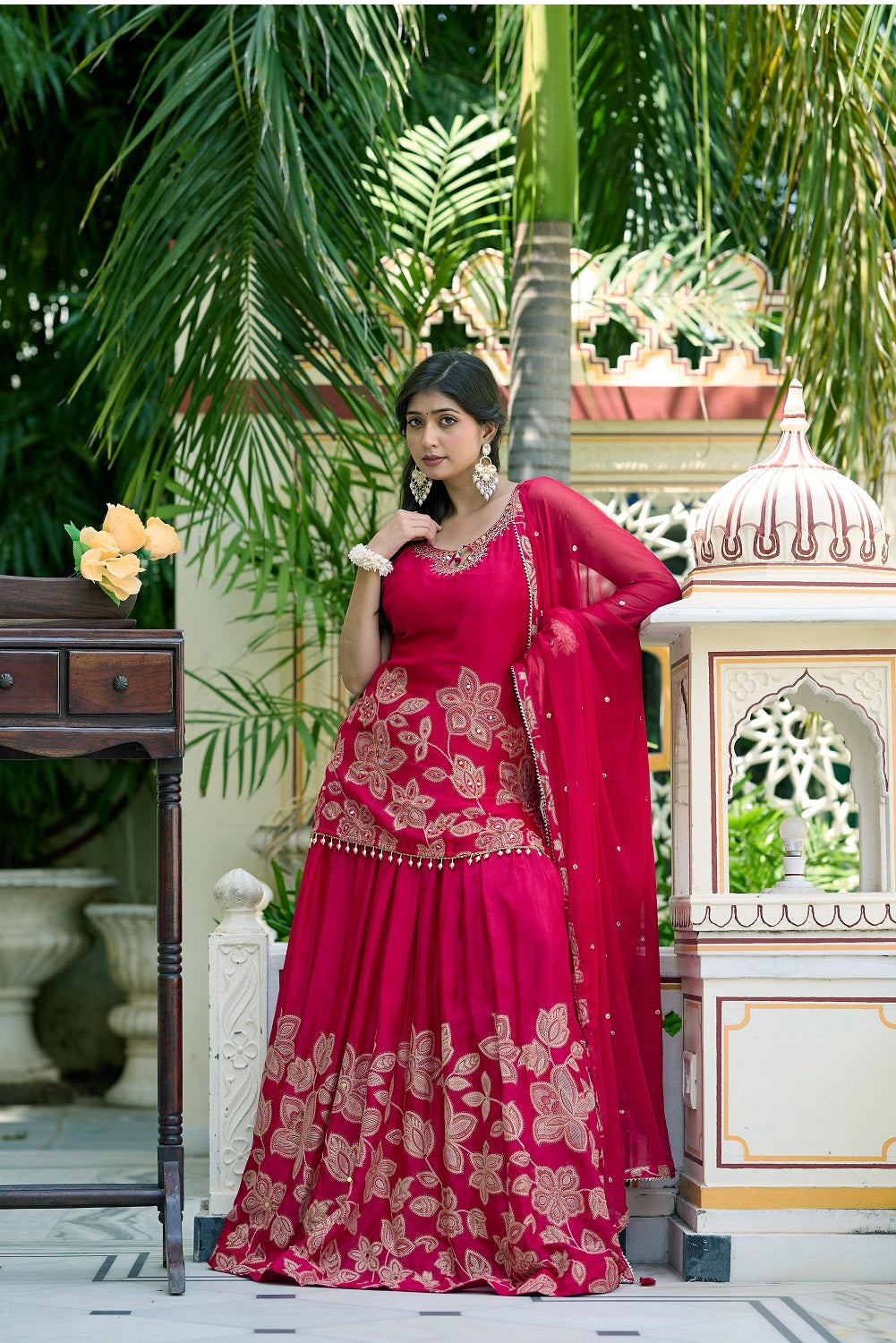 Reddish Pink Chinon Skirt Kurti 3 Pieces Set