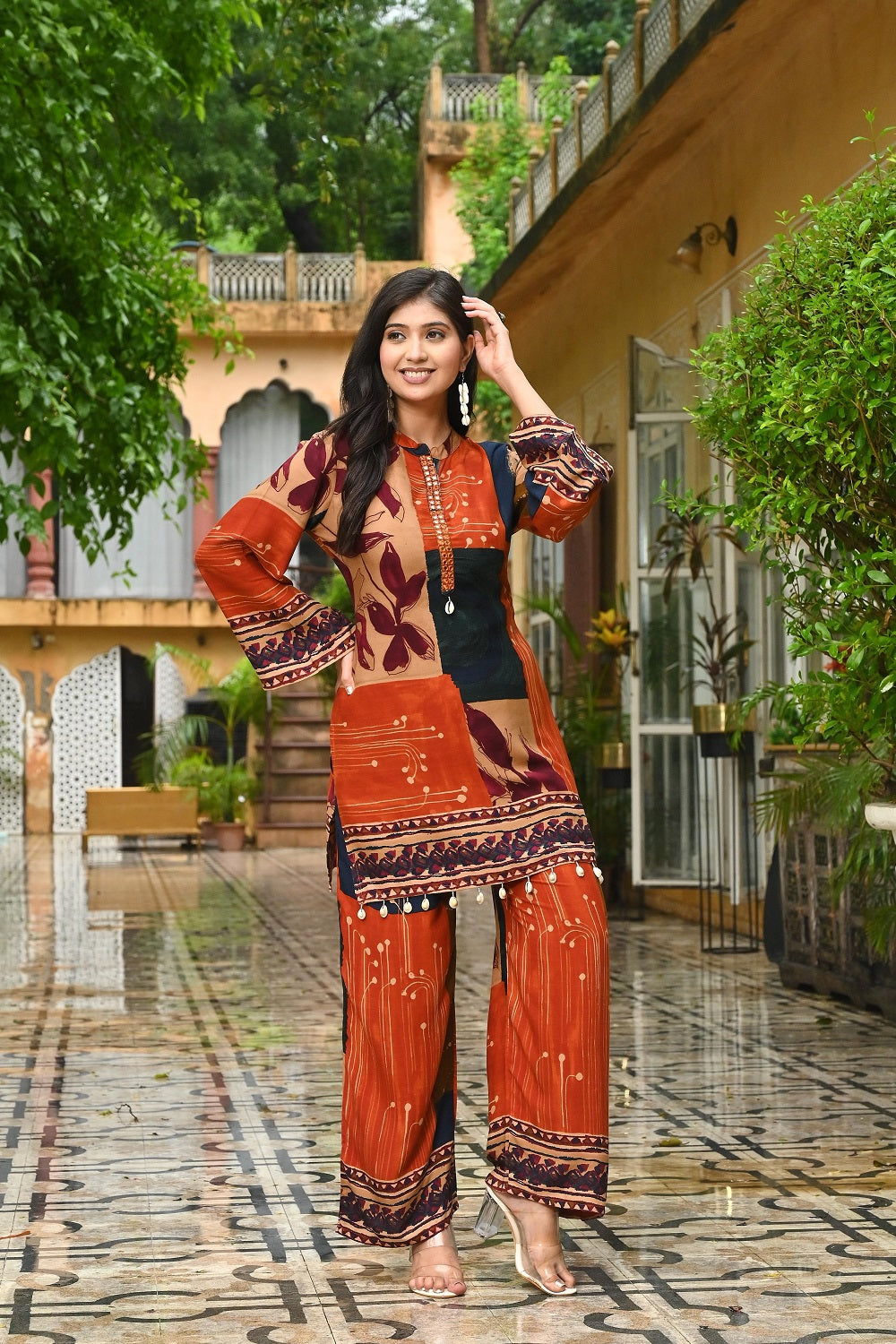Brown Rayon Kurti Plazo 2 Pieces Set