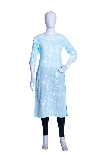 Sky Blue Cotton Aari Work Straight Kurti